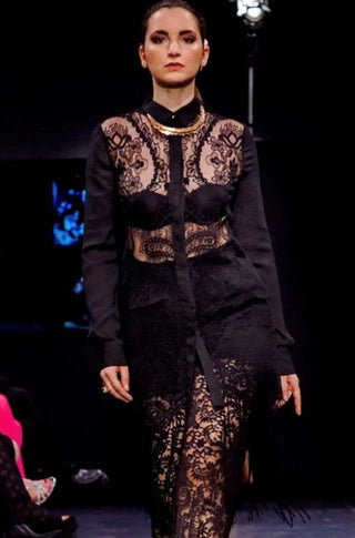 SET TROUSERS AND LONG SHIRT IN LACE AND GEORGETTE FABRICS - TOPS