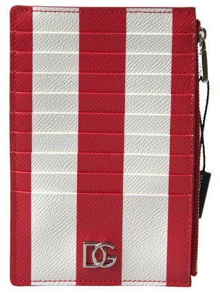 Dolce & Gabbana Red White Leather DG Logo Zip Card Holder Wallet