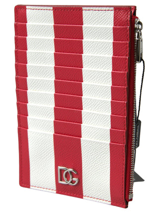 Dolce & Gabbana Red White Leather DG Logo Zip Card Holder Wallet