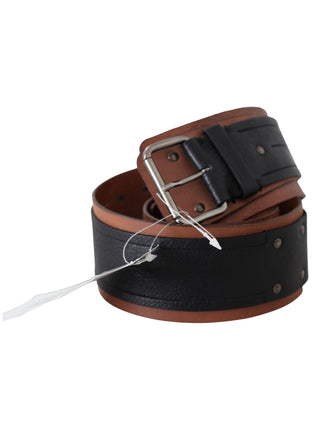 Costume National Black Brown Leather Wide Silver Buckle Belt