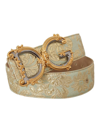 Dolce & Gabbana Green Wide Brocade Jacquard DG Logo Gold Buckle  Belt
